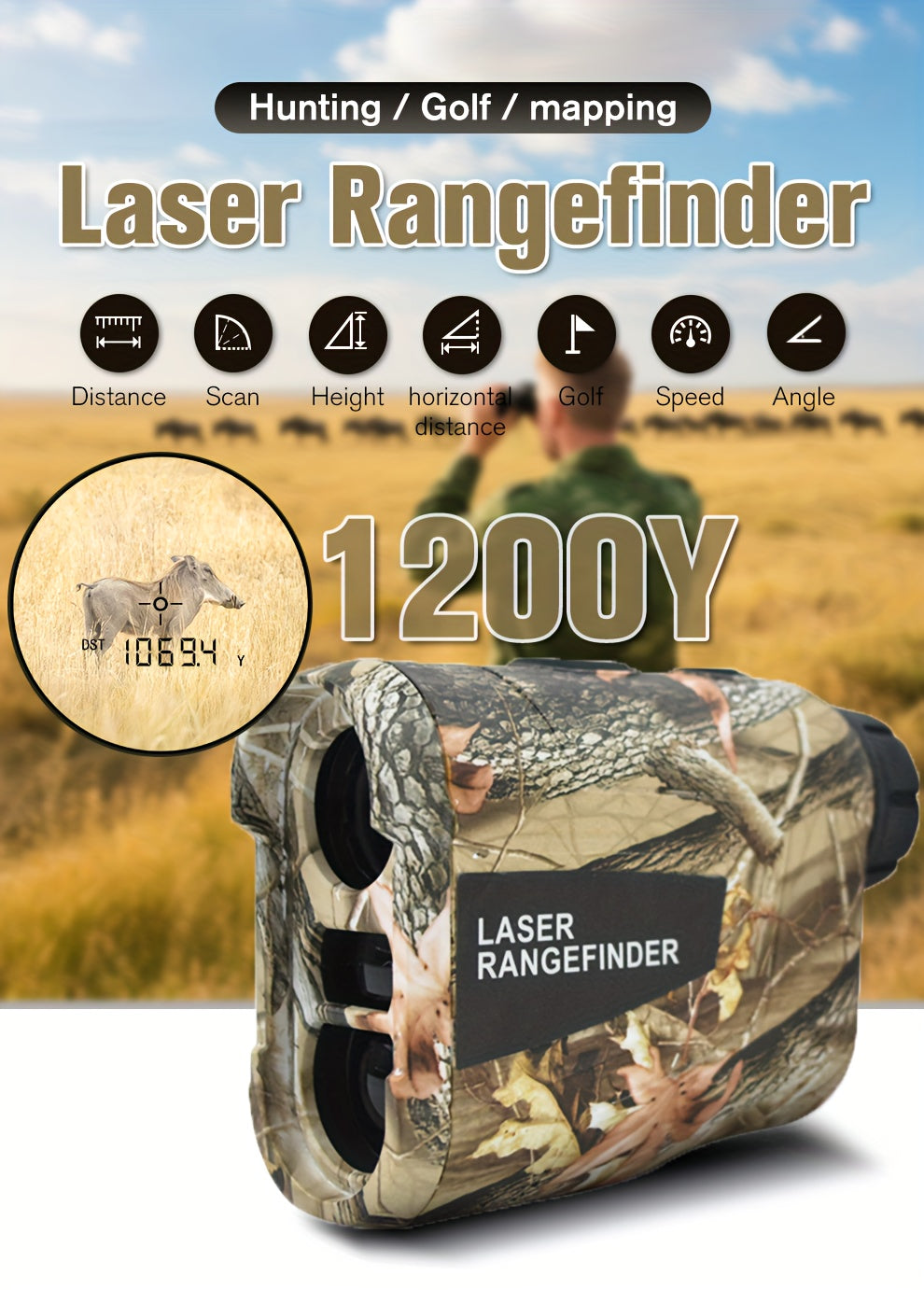 1200 Yard Laser Rangefinder 6X Camo Rechargeable – Golf & Hunting Range Finder with Flagpole Lock, Trajectory Compensation, Speed & Altitude Measurement