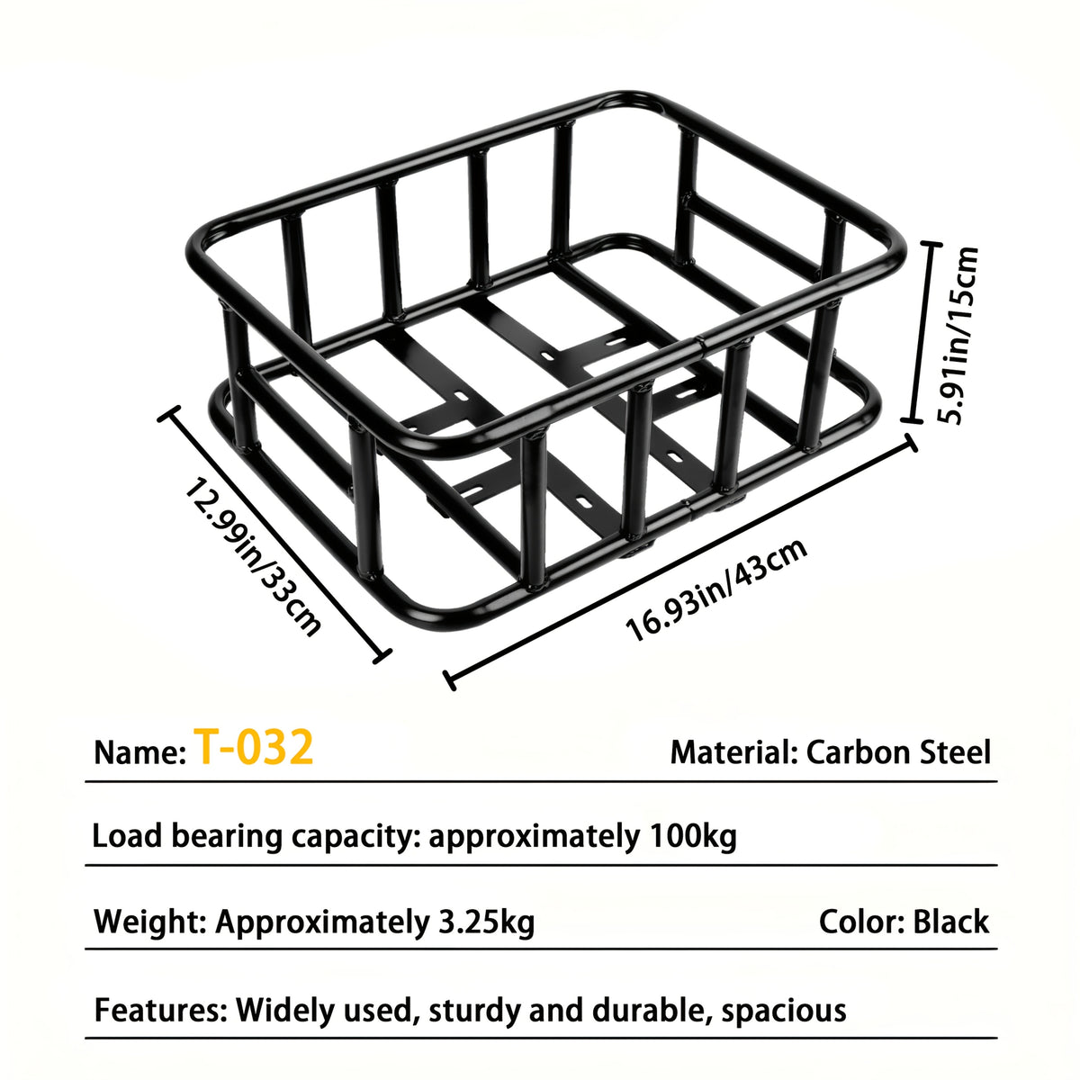 Rear Bike Basket Heavy Duty Iron Large Removable Folding, Bicycle Rear Mount Basket for Most Bikes & Ebikes, Black Frame Cargo Basket for Groceries Vegetables Pets, Commuter Cycling Accessory
