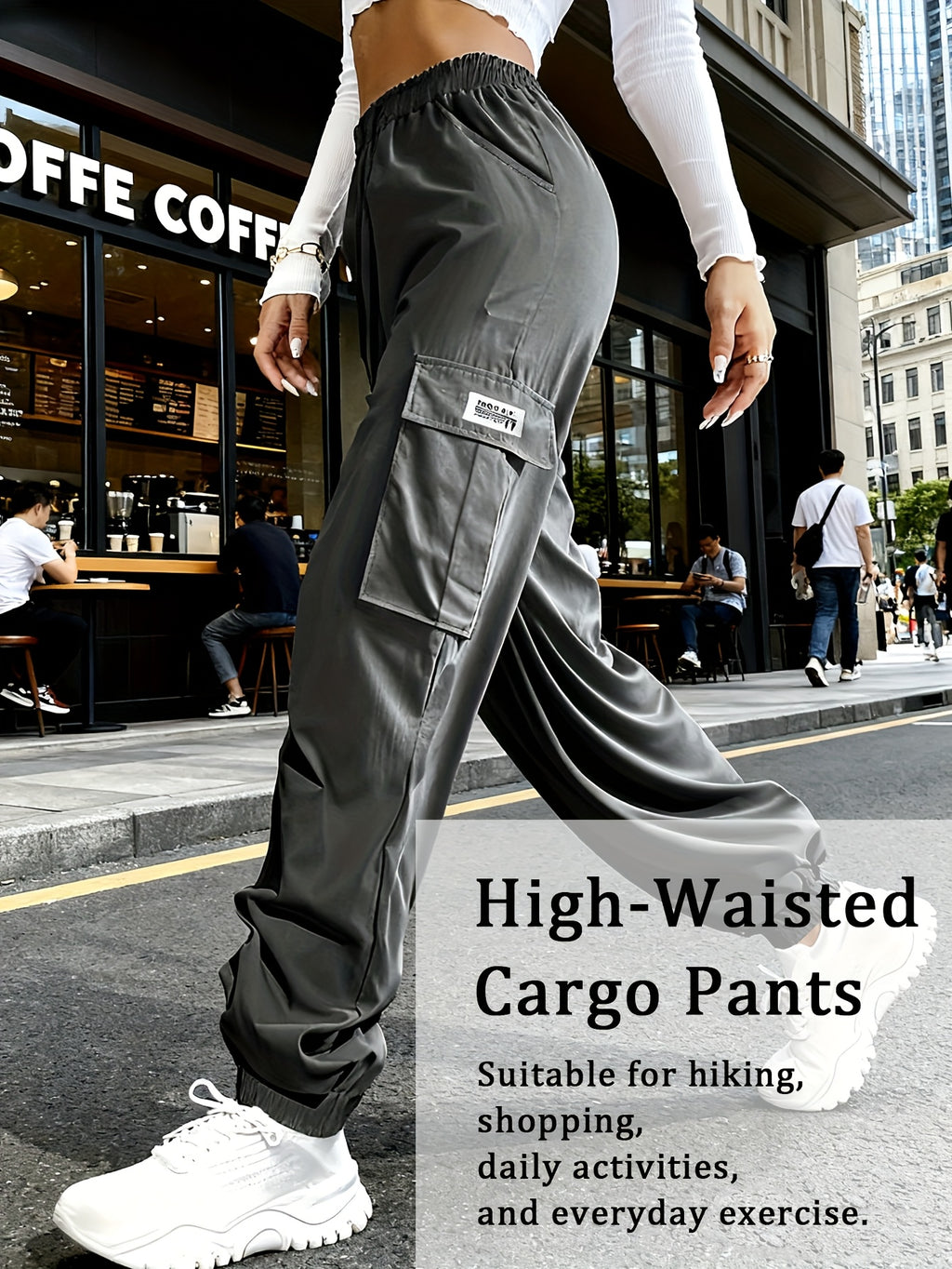 Women's Cargo Pants with Zippered Pockets – Elastic Drawstring Waistband, Large Pocket Casual Outdoor Trousers for Hiking, Travel & Everyday Wear, XS-XXL