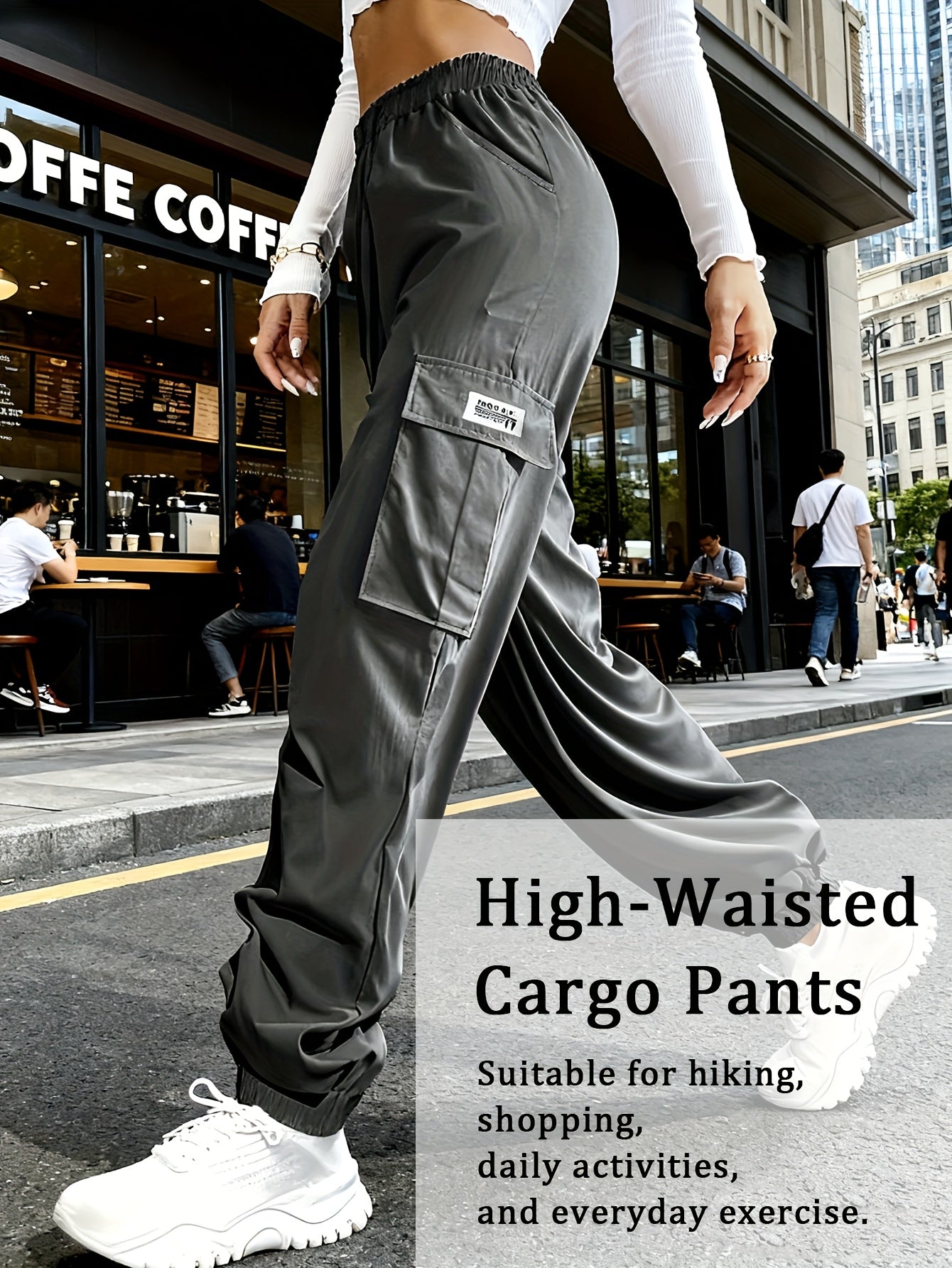 Women's Cargo Pants with Zippered Pockets – Elastic Drawstring Waistband, Large Pocket Casual Outdoor Trousers for Hiking, Travel & Everyday Wear, XS-XXL
