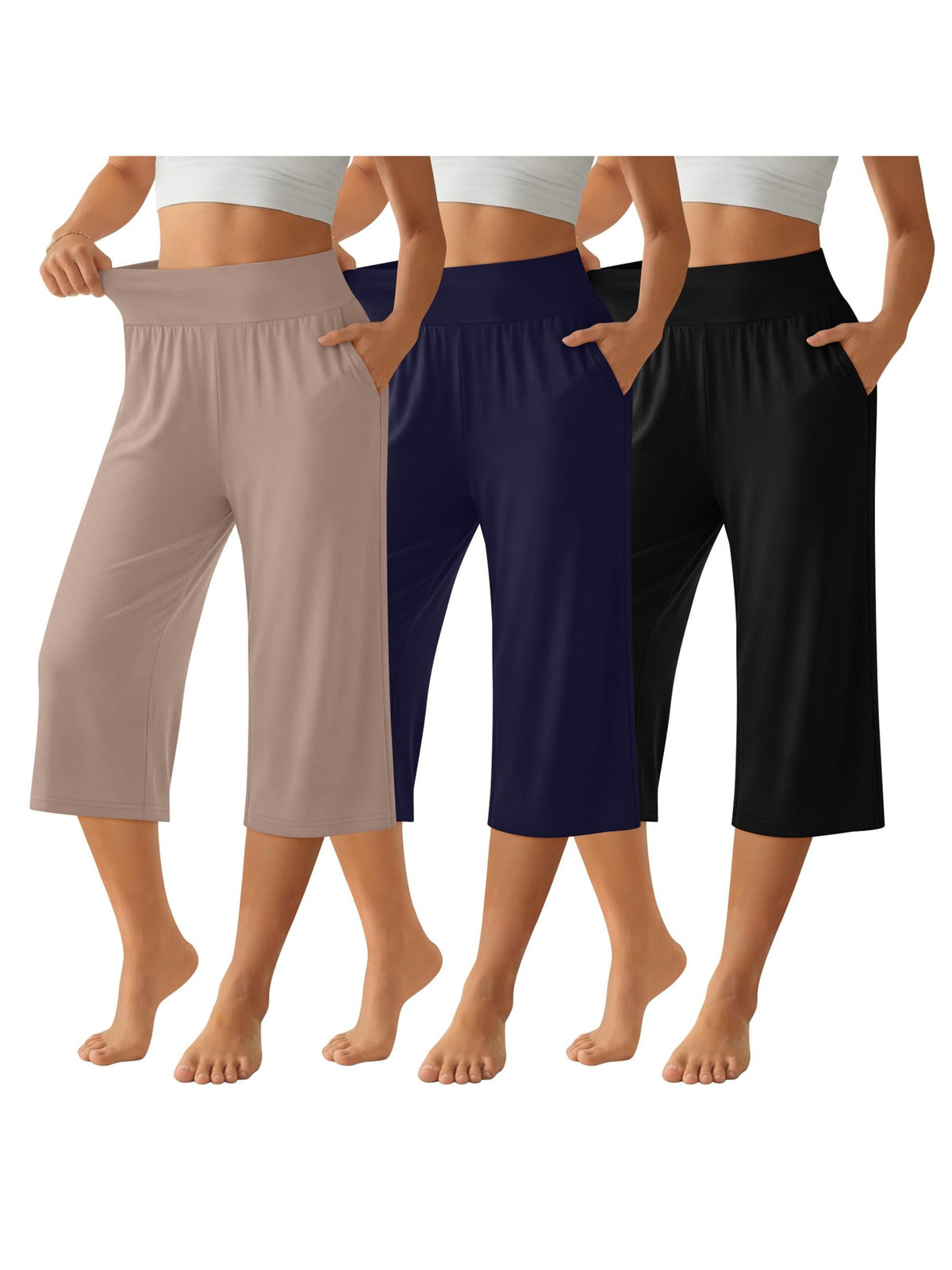 Women's Capri Pants 3 Pack Loose Lounge Joggers Yoga Cropped Sweatpants with Pockets – Elastic Waist Casual Spring Summer Fall