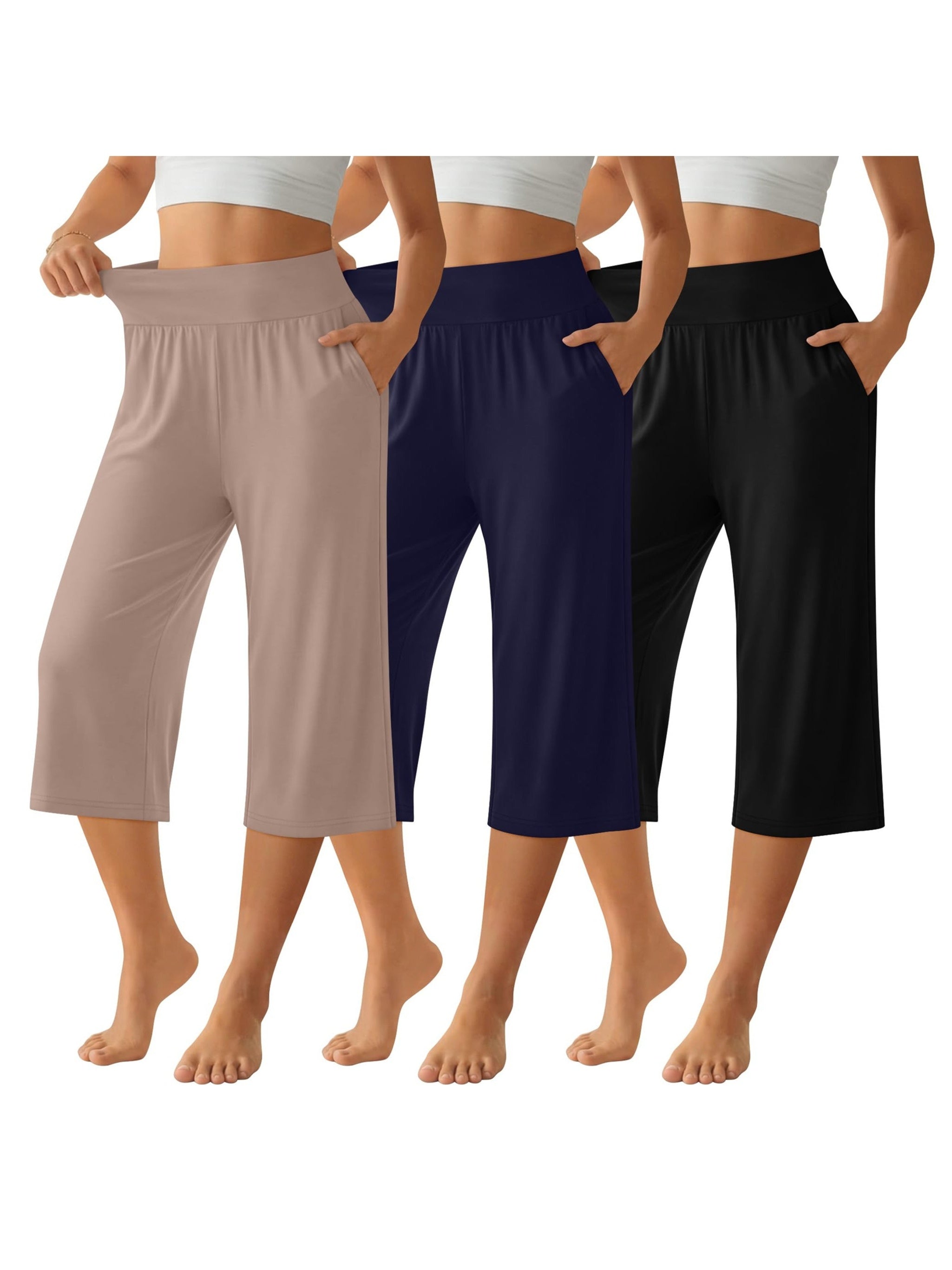 Women's Capri Pants 3 Pack Loose Lounge Joggers Yoga Cropped Sweatpants with Pockets – Elastic Waist Casual Spring Summer Fall