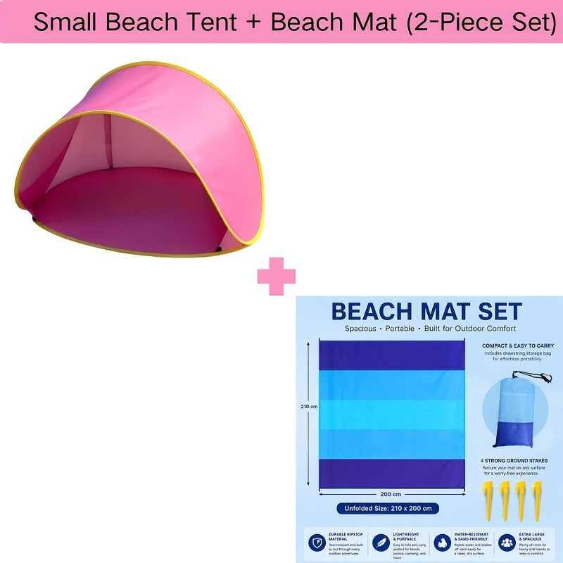 Pop-Up Beach Tent with UV Sun Protection – Portable Quick Setup Sun Shade Shelter for Beach Camping Hiking Travel Family Outings Optional Beach Mat Bundle Blue Pink
