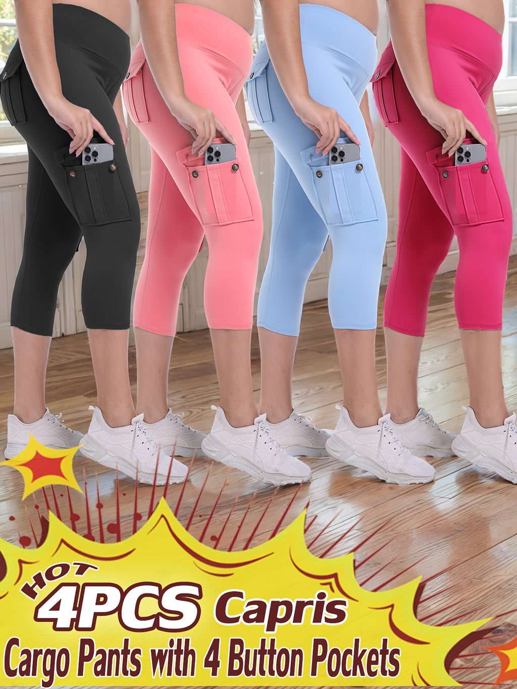Women's Yoga Capri Pants with Pockets High Waist Butt Lifting Tummy Control – 4-Way Stretch 7/8 Workout Leggings for Running Gym Hiking Pilates 75% Polyester 25% Elastane S M L XL XXL Multi-Color