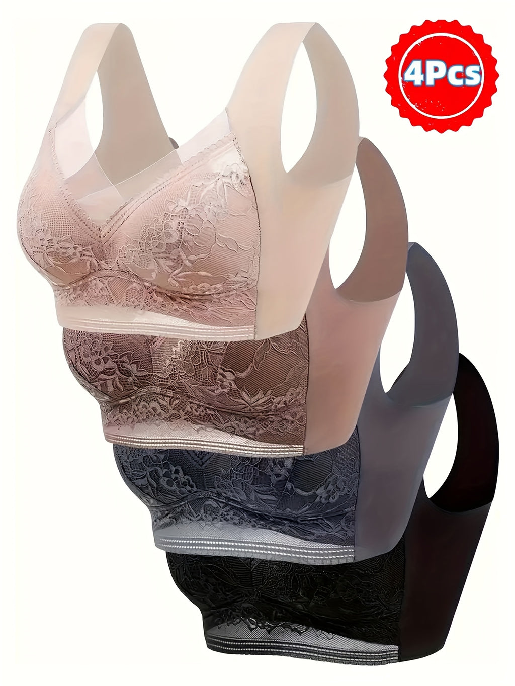 4-Pack Women's Lace Sports Bra Vest – Ice Silk Traceless Bralette with Beautiful Lace Back, Fixed Cup Support for Large Chest, Breathable Gathered Design, Sizes S-XXL