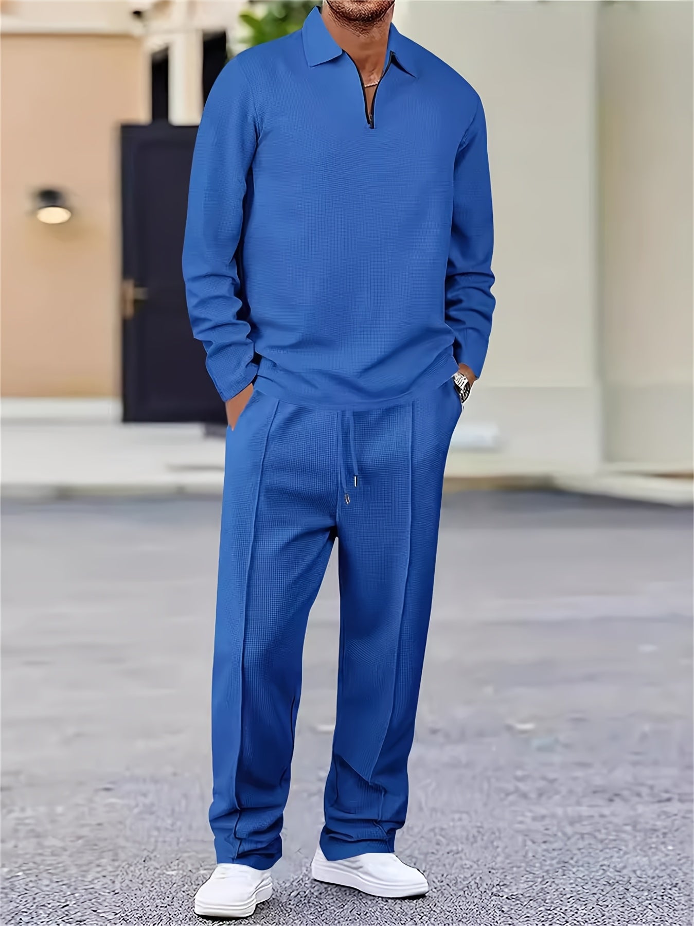 Men's Waffle Long Sleeve Set – 2-Piece Sports & Leisure Tracksuit with Pants, Breathable Polyester Knit, Regular Fit for Spring Autumn Daily Wear, M-XXXL
