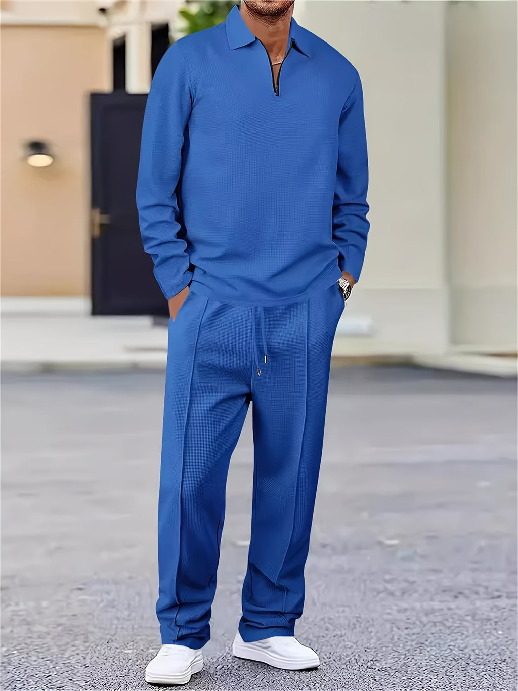 Men's Waffle Knit 2-Piece Set Long Sleeve & Jogger Pants – Breathable Matching Tracksuit for Gym, Casual & Outdoor Wear, Sizes M-XXXL, 4 Colors