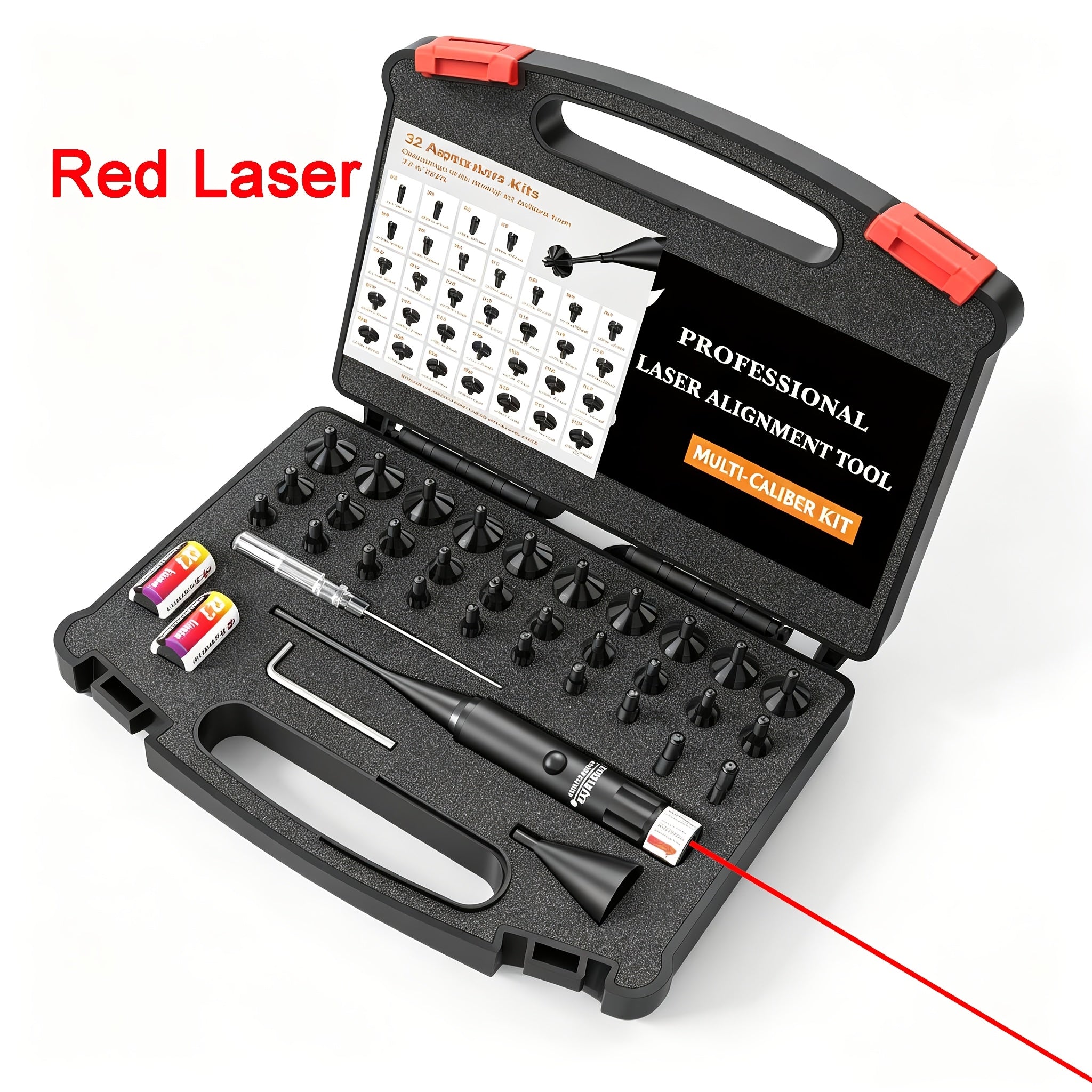 Laser Bore Sight Kit with 32 Adapters – Fits .17 to 12GA, Green & Red Laser, 15-100 Yard Range, Button ON/OFF, 8-Hour Battery