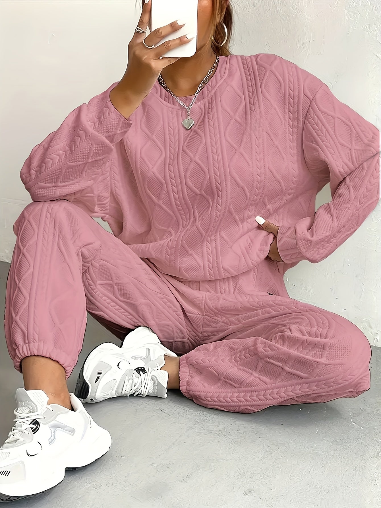 Women's 2-Piece Casual Tracksuit Set Jacquard Crewneck Long Sleeve Top and Sweatpants Breathable Soft Fabric for Lounge Workout Everyday Wear S M L XL XXL Multicolor