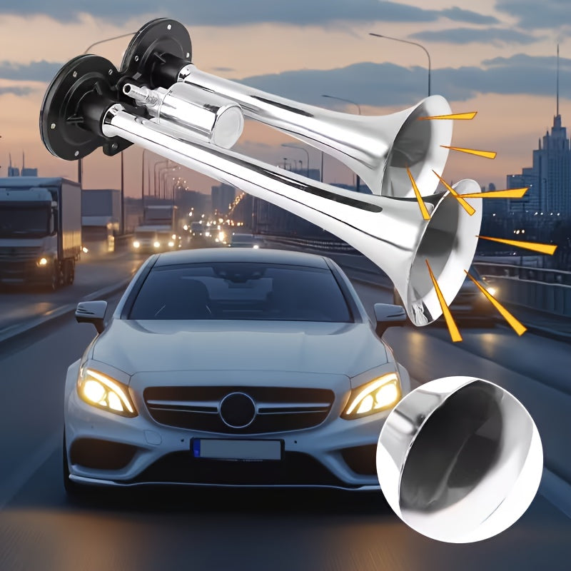 Air Horn Kit 12V 24V Ultra Loud 105-137dB Dual Trumpet Horn with Air Compressor for Truck SUV Motorcycle Boat Train Car Pickup Aluminum Alloy Universal