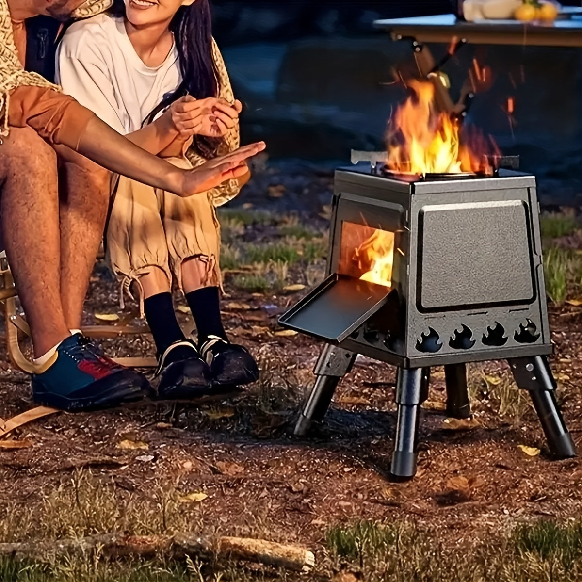 Portable Wood Burning Camp Stove with BBQ Scissors – Compact Folding Camping Stove for Outdoor Hiking Picnic Backpacking Travel, Black