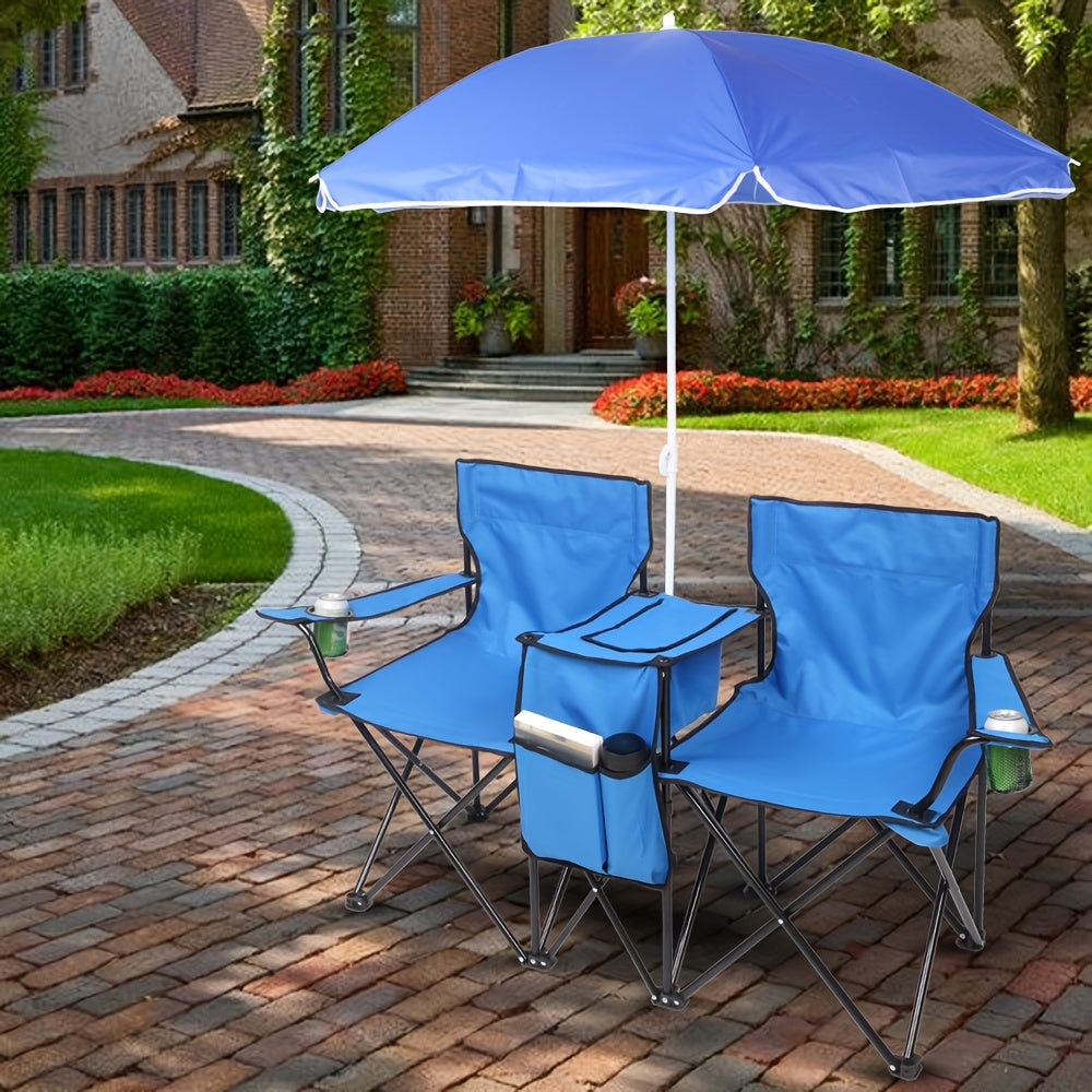 Folding Fishing Chair with Sun Umbrella 2-Seat Portable Outdoor Chair - Iron Alloy Frame Oxford Fabric Beach Patio Camping Chair with Storage Bag - Red Black Grey Blue Coconut Pineapple Pattern