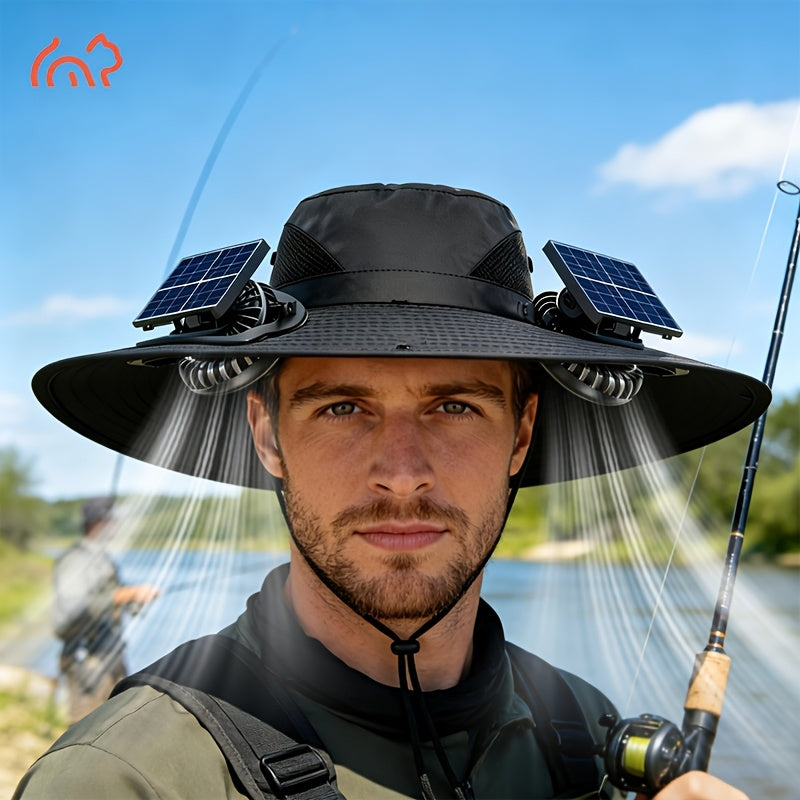 USB Rechargeable Dual Fan Hat Solar Sun Cap with Adjustable Strap Powerful Airflow Long Battery Life Cooling Hat for Fishing Hiking Camping Gardening Outdoor Activities