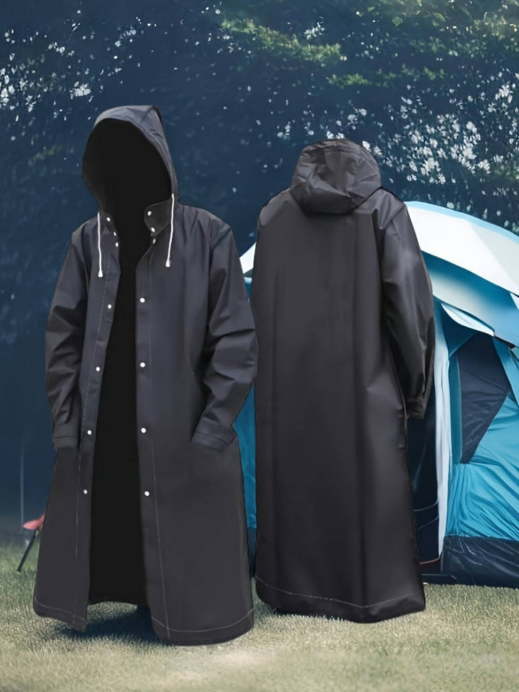 Men's Hooded Rain Jacket Waterproof Raincoat for Men Women - Lightweight Windproof Full-Length Poncho for Hiking Cycling Fishing Outdoor Activities - Adjustable Drawstring Loose Fit Black