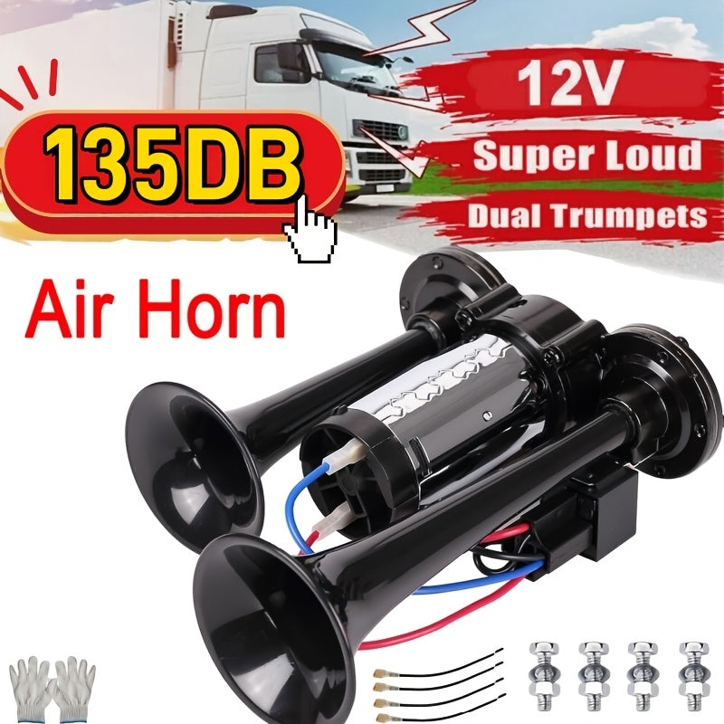Air Horn Kit 12V 24V Ultra Loud 105-137dB Dual Trumpet Horn with Air Compressor for Truck SUV Motorcycle Boat Train Car Pickup Aluminum Alloy Universal