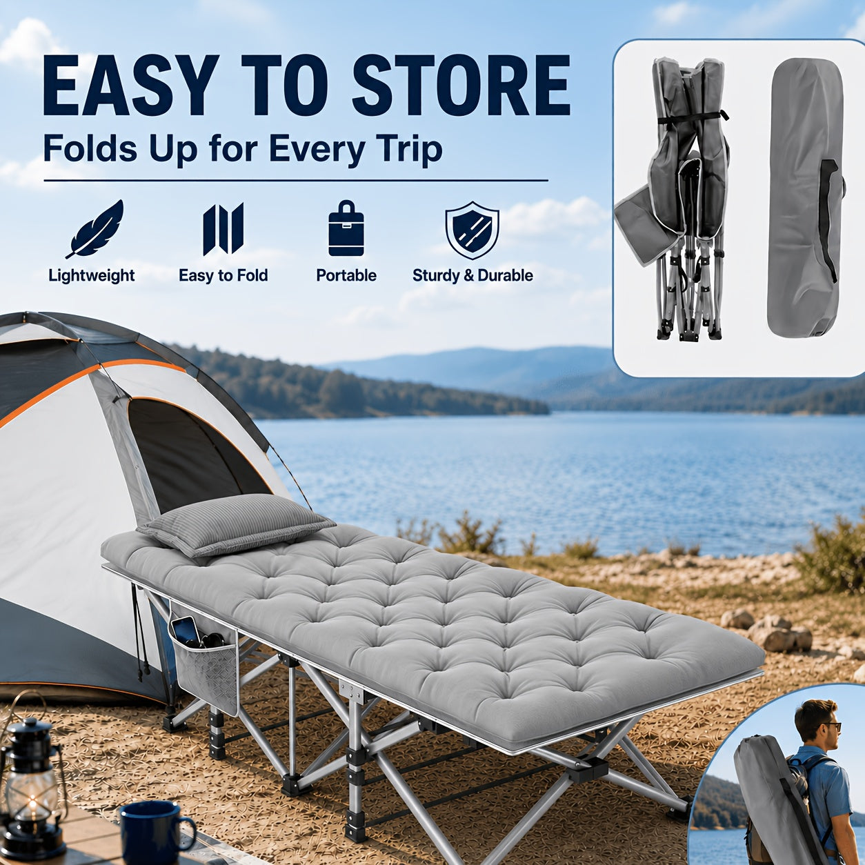 Folding Camping Cot with Mattress & Side Pockets - Heavy Duty Portable Adult Sleeping Bed, Foldable Guest Cot for Camping, Backyard, Patio, Office & RV, Compact Easy Fold