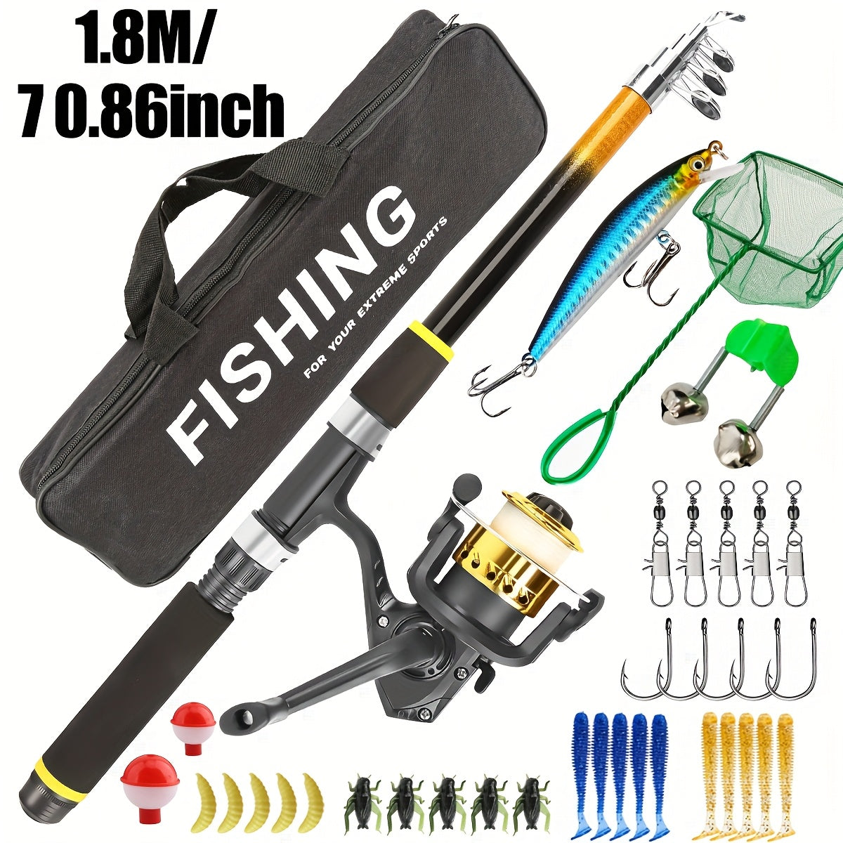 Fishing Rod and Reel Combo Beginner Starter Kit Telescopic Spinning Rod with Hard Soft Baits Accessories Box Bag Ambidextrous 70-83 Inch
