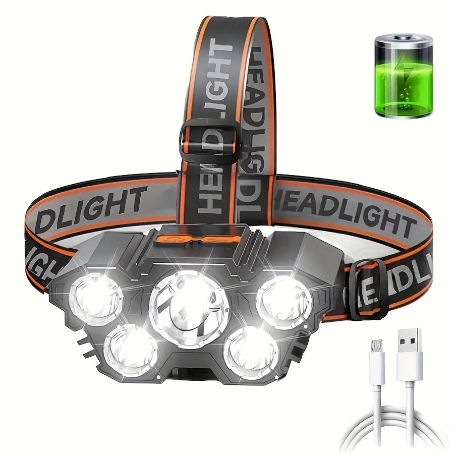 LED Headlamp USB Rechargeable 2-Pack – 5 LED 4 Lighting Modes IPX3 Waterproof Lithium Battery Head Lamp for Camping, Hiking, Fishing & Emergency Use