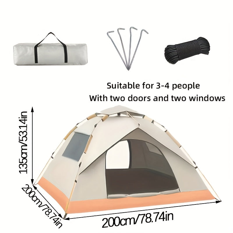 Automatic Pop-Up Camping Tent for 2-4 People – Foldable Portable Outdoor Shelter, Windproof & Sunproof with Two Doors, No Windows or Two Windows Options