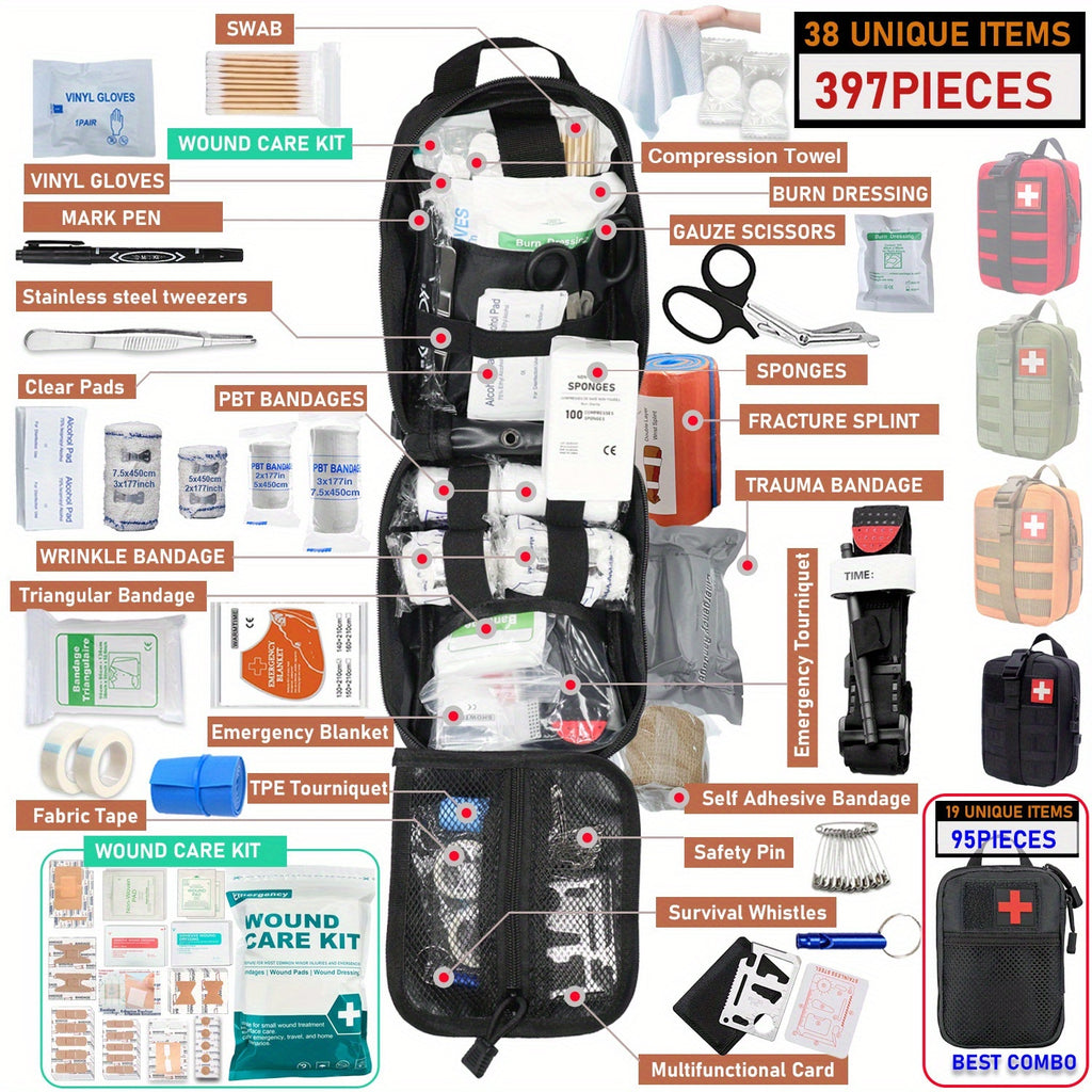 First Aid Kit 399-Piece Professional Portable Survival Gear for Hiking Camping Hunting Car Boat Travel Emergency Disaster Preparedness Gift for Men