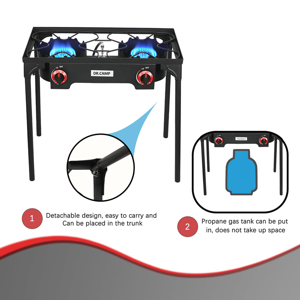 Heavy Duty Propane Camping Stove Cast Iron Burner with Detachable Legs – Single & Double Burner Outdoor Gas Cooker for Camping BBQ Patio Survival Cooking & Tailgating