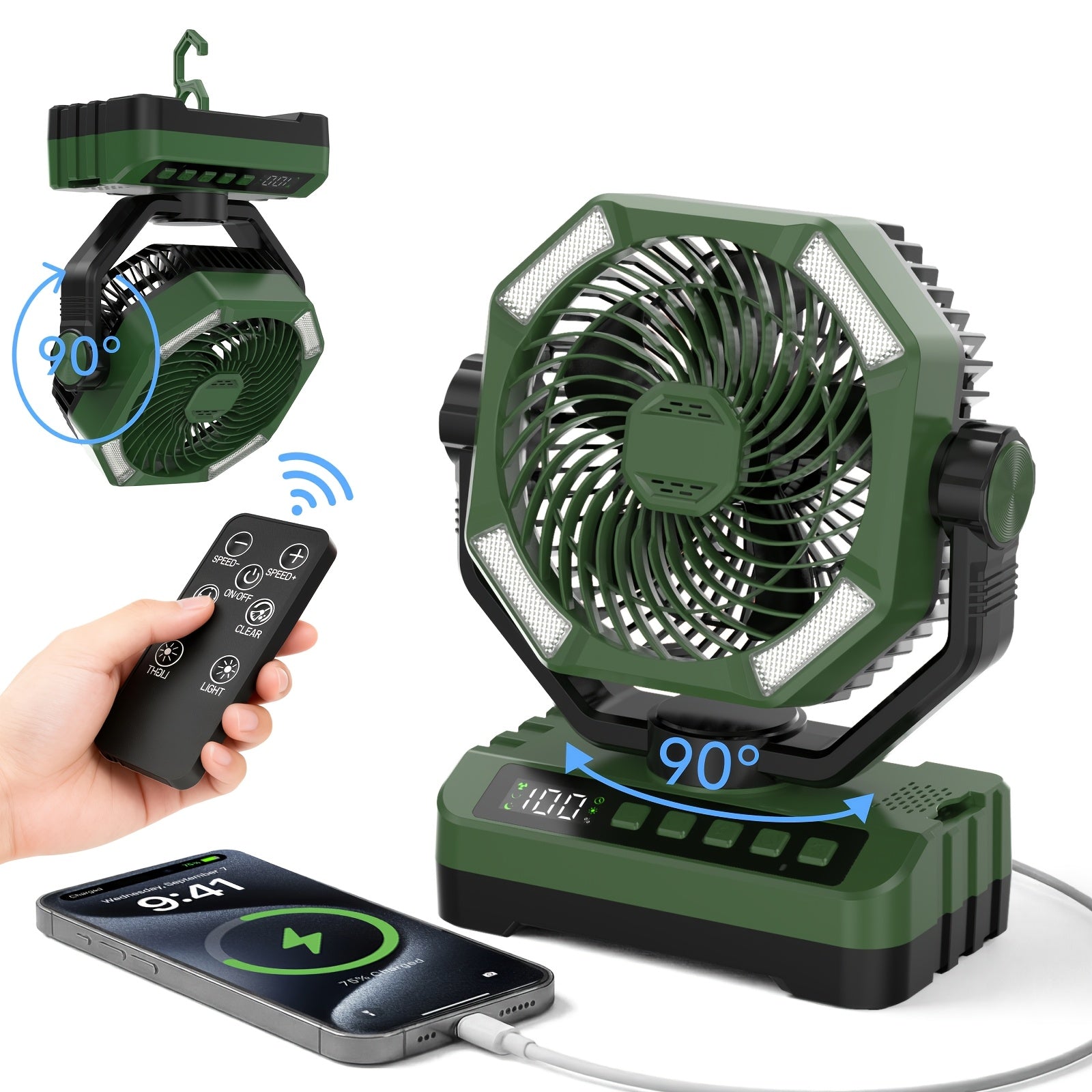 20000mAh Portable Camping Fan 180° Oscillating 4-Speed Brushless Motor LED Light 22-26H Battery USB Rechargeable for Camping Hiking Picnic Emergency Gray Pink Green Black Orange