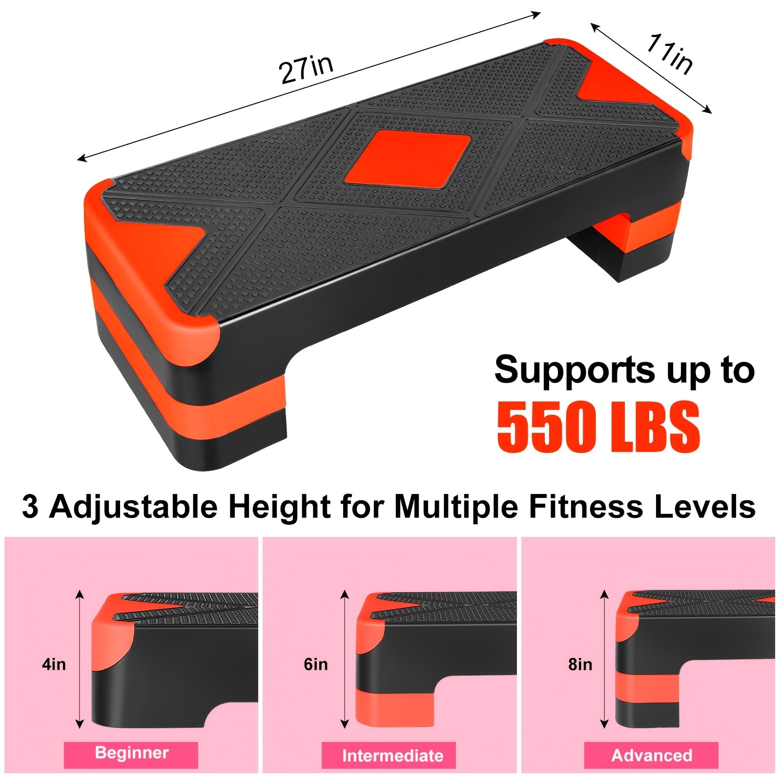 Aerobic Step Platform Adjustable Height 4-6-8 Inch Non-Slip Workout Stepper – Home Gym Cardio Fitness Trainer for Beginners & Advanced Men Women