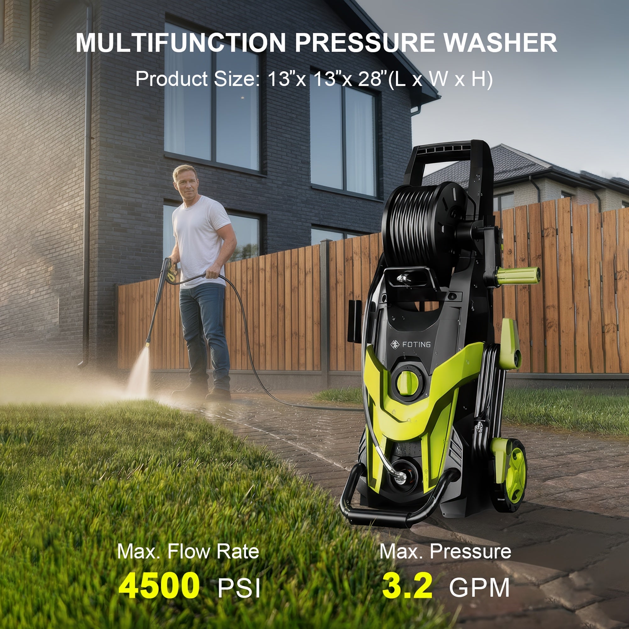 Electric Pressure Washer 4500PSI – 4 Quick-Connect Nozzles, Foam Cannon, Inlet Hose & Filter for Car Washing, Fence, Patio, Driveway & Home Cleaning, 3 Colors