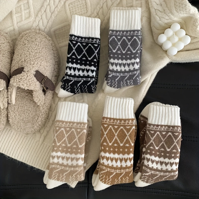 Women's Thermal Winter Socks 5-Pack Warm Fluffy Mid-Calf Cold Weather Socks – Ethnic Rhombus Pattern Cozy Soft Fabric for Outdoor Commuting Home Multi-Color