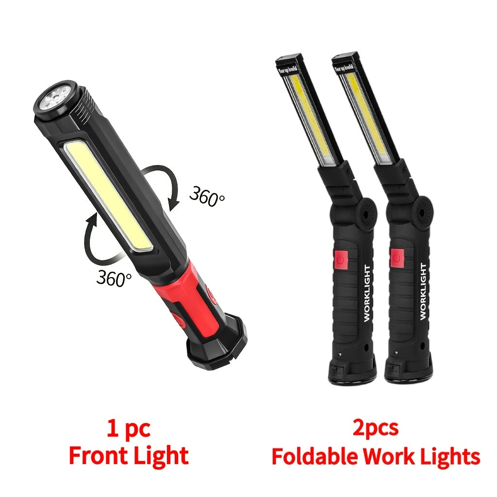 COB LED Rechargeable Work Light with Magnetic Base Multi-Pack - Portable Hanging Flashlight for Camping Garage Yard Emergency - Solar Front Mini Work Light Combo Sets