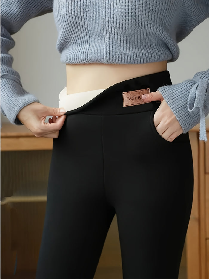 Women's High-Waisted Thermal Leggings Long Pants - Fleece-Lined Stretch Waistband Winter Warm Bottoms - 88% Polyester Knit Fabric - Sizes S-XXL - Fall Winter Thermal Pants for Women