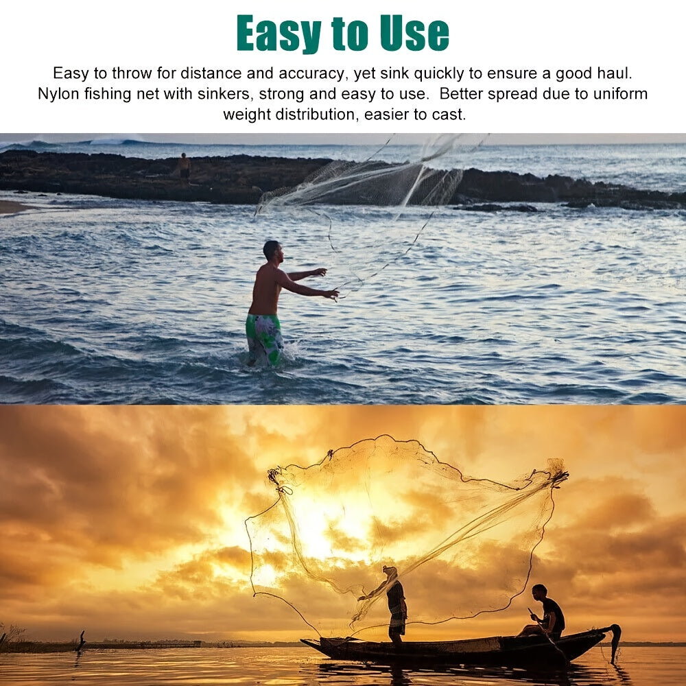 Cast Net for Fishing 8FT 10FT Easy Throw Copolymer Monofilament Mesh Zinc Sinkers 1.3cm Mesh 240 300 Steel Drop Saltwater Freshwater Bait Trapping Beginners Experts