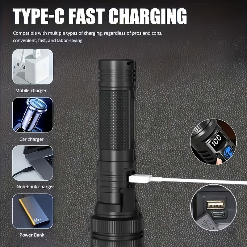 Rechargeable Tactical Flashlight High Lumens – Zoomable LED, LCD Display, USB Rechargeable, Waterproof, for Camping, Hiking, Fishing & Emergencies (1pc / 2pcs)
