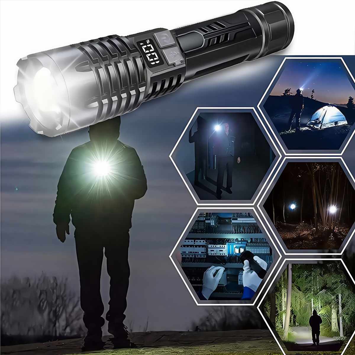 Rechargeable Flashlight Ultra Bright LED Zoomable High Lumens USB Type-C Fast Charging 3 Light Modes Digital Display Tactical Flashlight for Camping Hiking Emergency Hunting 1 2 Pack