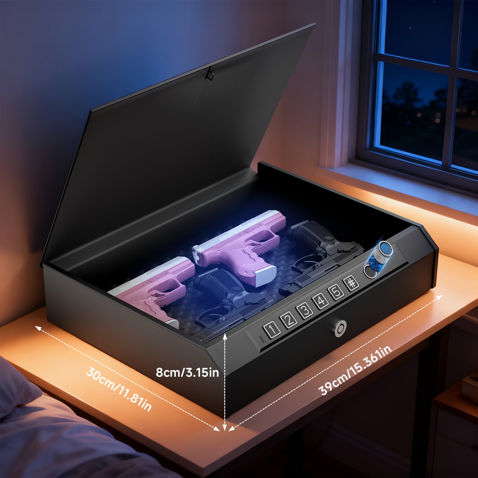 Biometric Gun Safe 3-Way Unlock – Fingerprint Digital PIN & Key Pistol Lock Box with Internal Light Silent Mode Emergency Power for Home Bedroom Nightstand Car