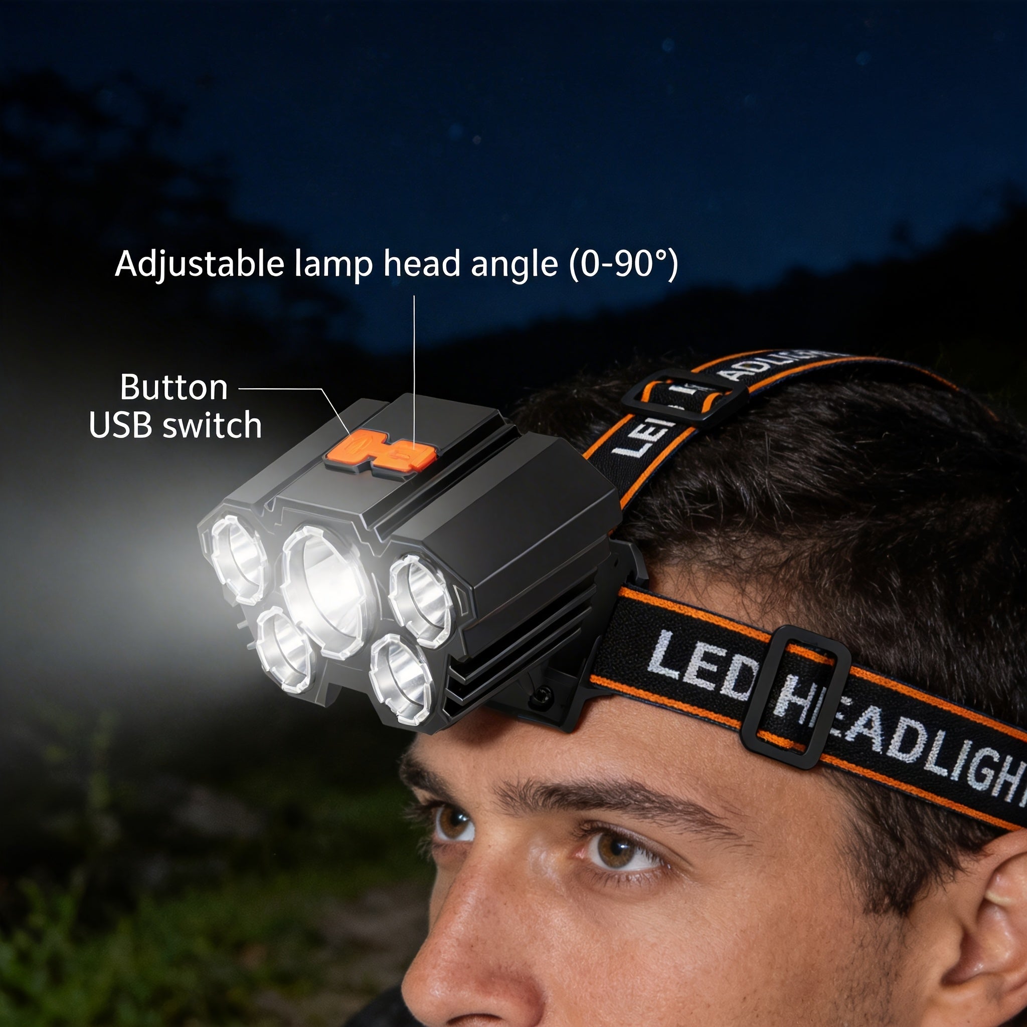 2-Pack USB Rechargeable LED Headlamp 5-LED 4-Mode IP44 Waterproof Hands-Free Head Light for Camping Hiking Night Running Car Repairs Outdoor Work Emergency