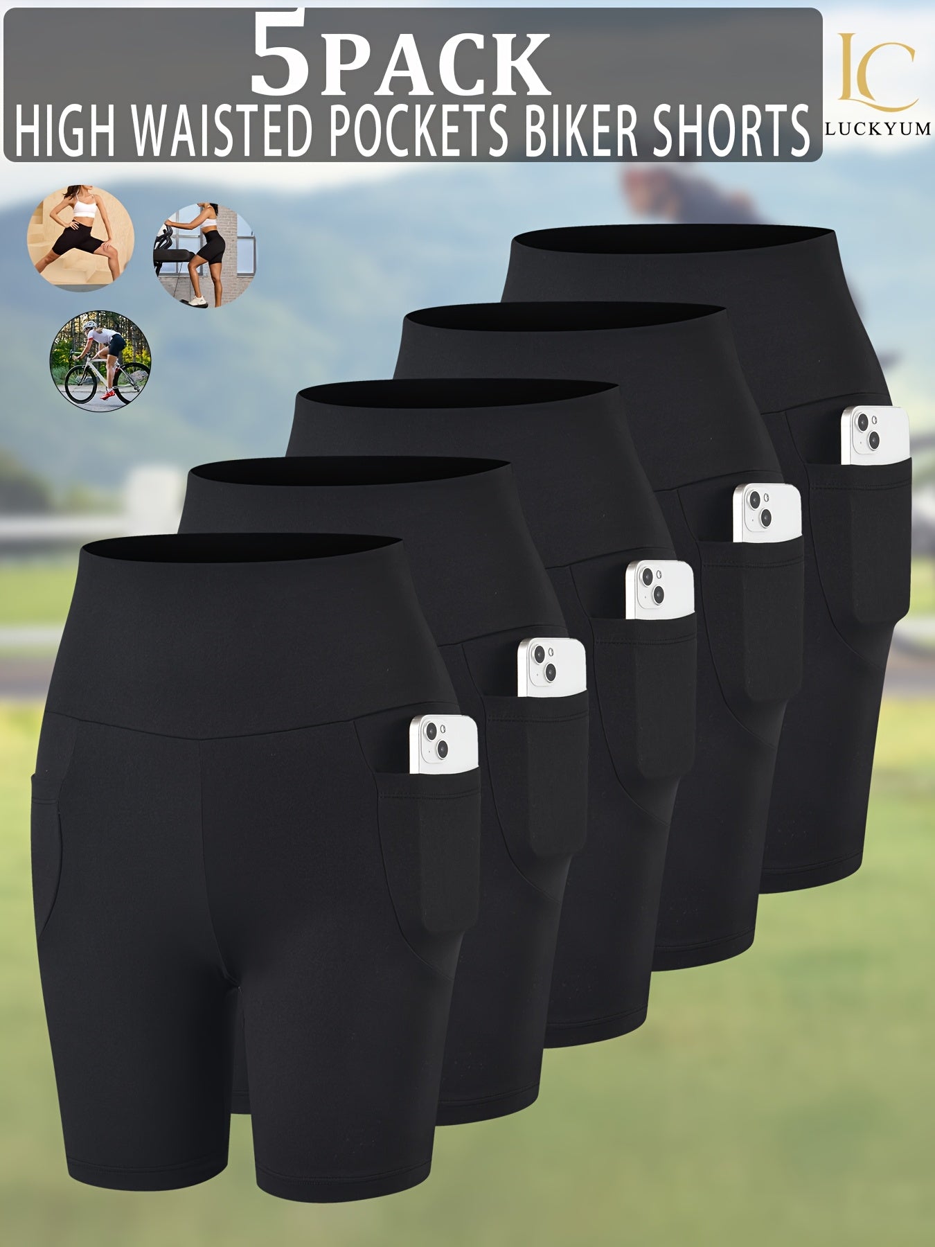 High Waisted Biker Shorts for Women 5-Pack with Pockets Tummy Control No See-Through 92% Polyester 6-Inch Inseam Workout Running Yoga Gym Athletic Shorts XS-XXL