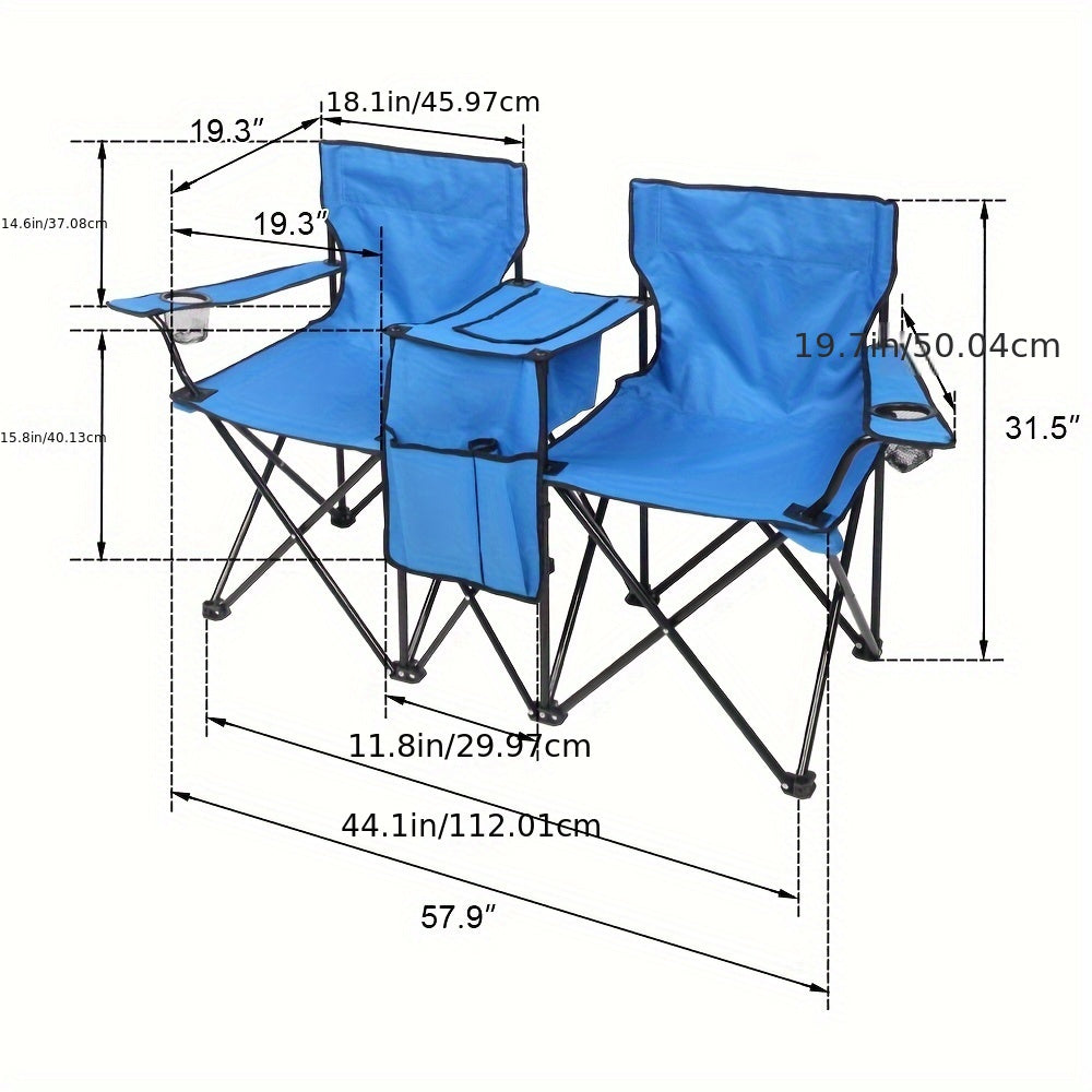 2-Seat Folding Outdoor Chair with Removable Sun Umbrella - Portable Double Camping Chair with Handrails for Fishing Beach Sunbathing Patio - Durable Steel Frame Oxford Fabric Lawn Chair