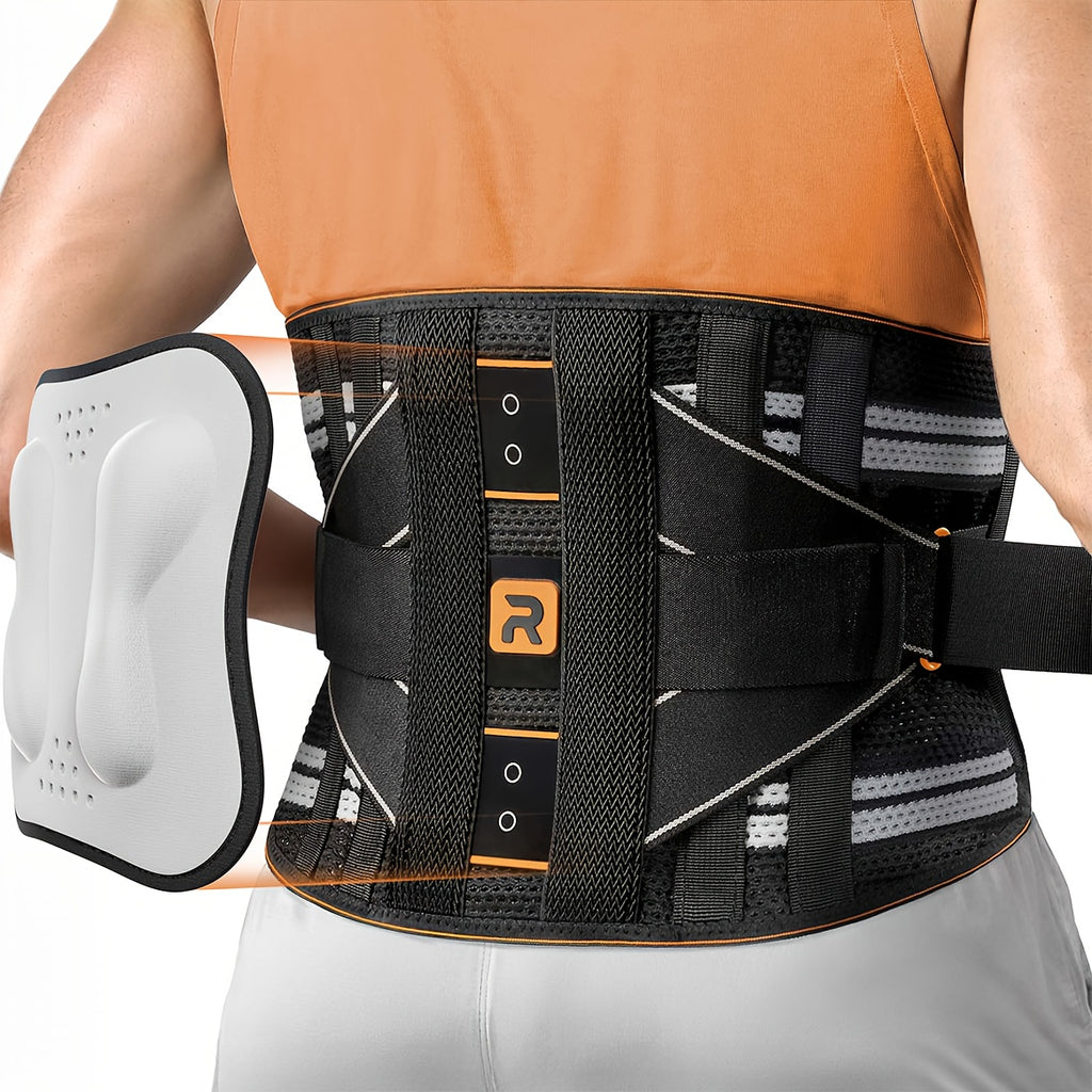 Lumbar Support Back Brace with Massage Pad – Breathable Lower Back Support Belt for Men & Women, Adjustable Strap with Extension, Sizes S-XXL, Orange & Blue