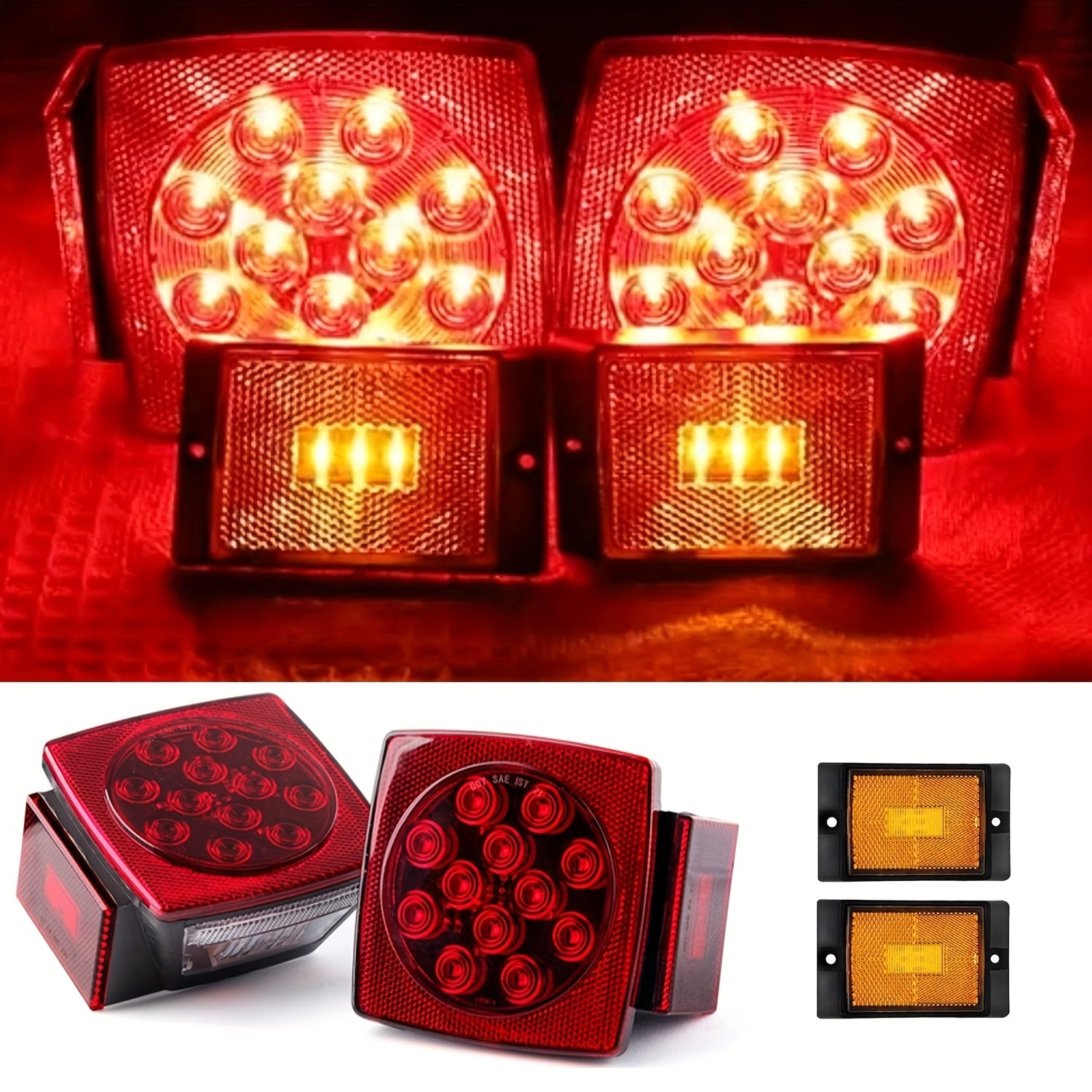 LED Trailer Light Kit 12V Submersible for Boat RV Utility Trailer Under 80 Inch, Complete Trailer Lights with Wire Harness, Amber Side Marker Lights, License Plate Bracket, Corrosion Resistant