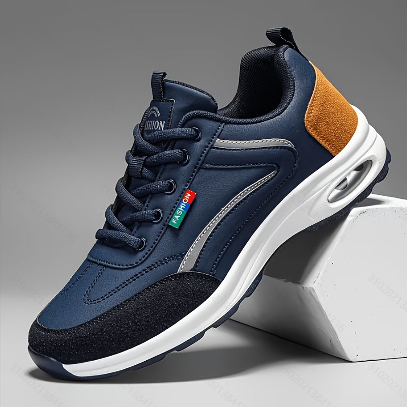Men's Fashion Sneakers Lace-Up Non-Slip Soft Sole Casual Running Shoes PU Leather Comfortable Outdoor Athletic Footwear