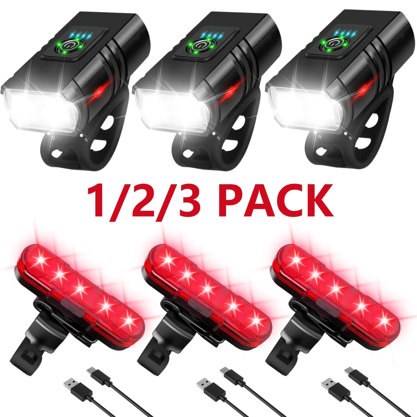 USB Rechargeable Bike Light Set Front & Rear – 1500 Lumen LED Bicycle Light Type-C Fast Charging 6+4 Modes Waterproof Safety Cycling Lamp for Night Riding Commuting Camping – 1/2/3 Pack
