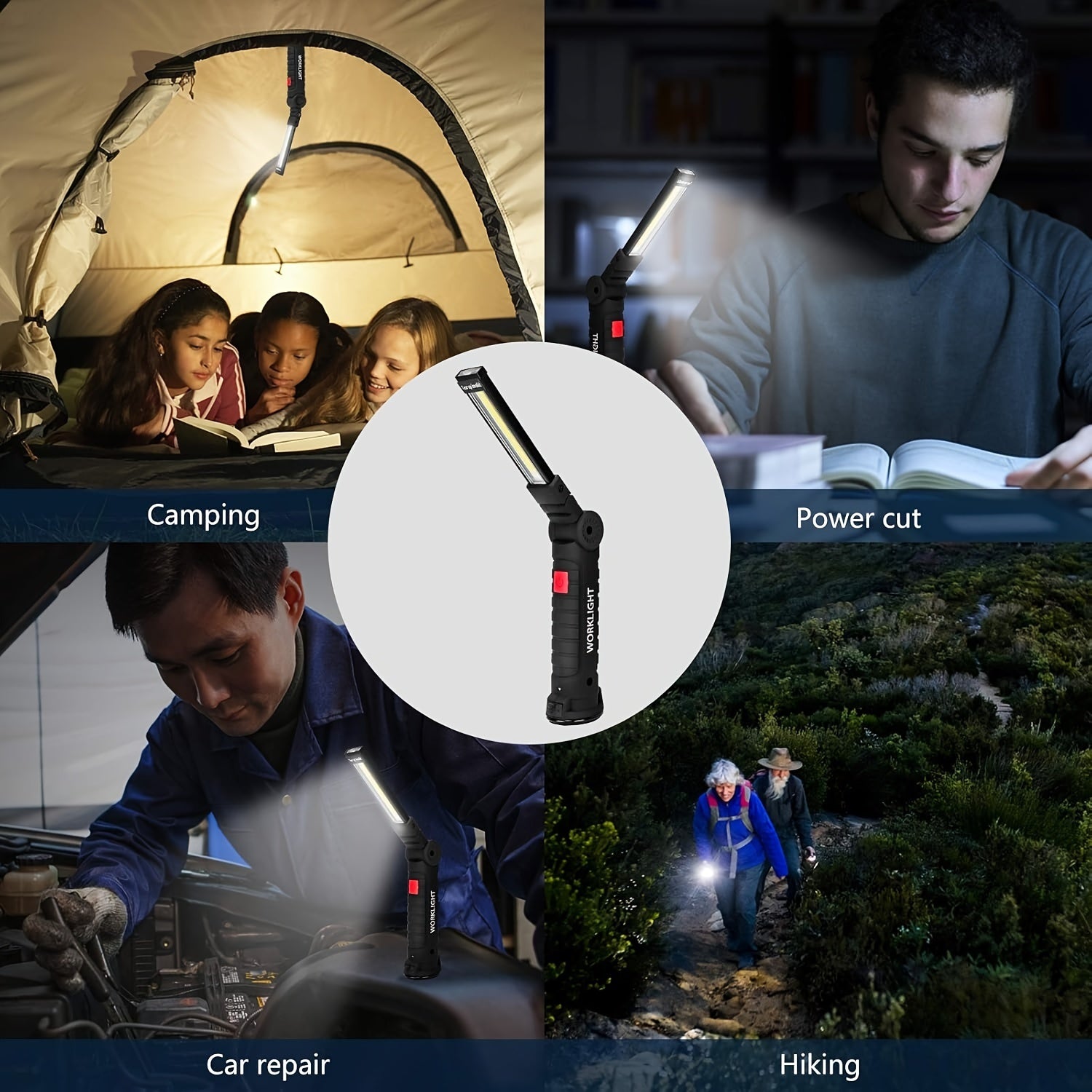 COB LED Rechargeable Work Light 1000 Lumens Portable Hanging Camping Lamp – 5 Brightness Modes 200M Beam Built-In Battery 2-10 Pack