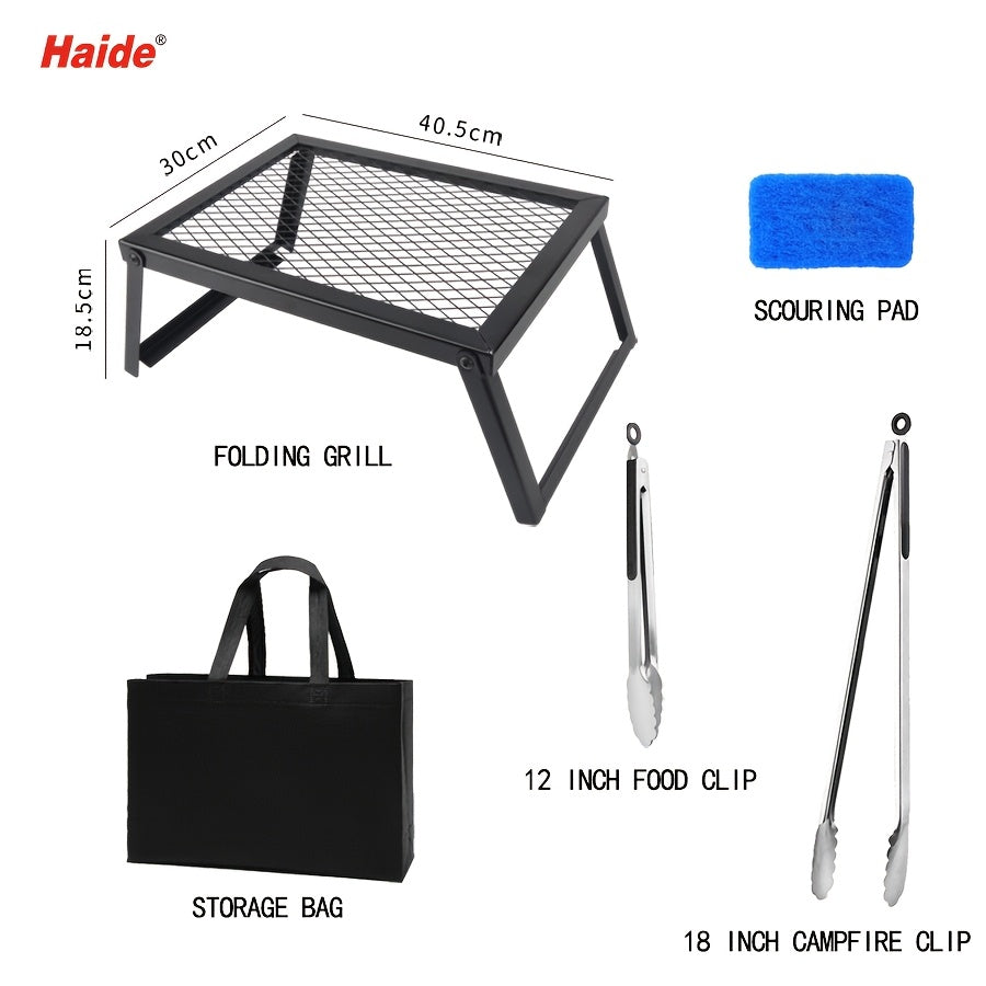 Heavy Duty Bonfire Campfire Grill for Outdoor Camping - Portable BBQ Grill with Firewood Rack, Storage Bag, Food Clips & Cleaning Cloth, RV Picnic Backyard Grill, Gift for Men