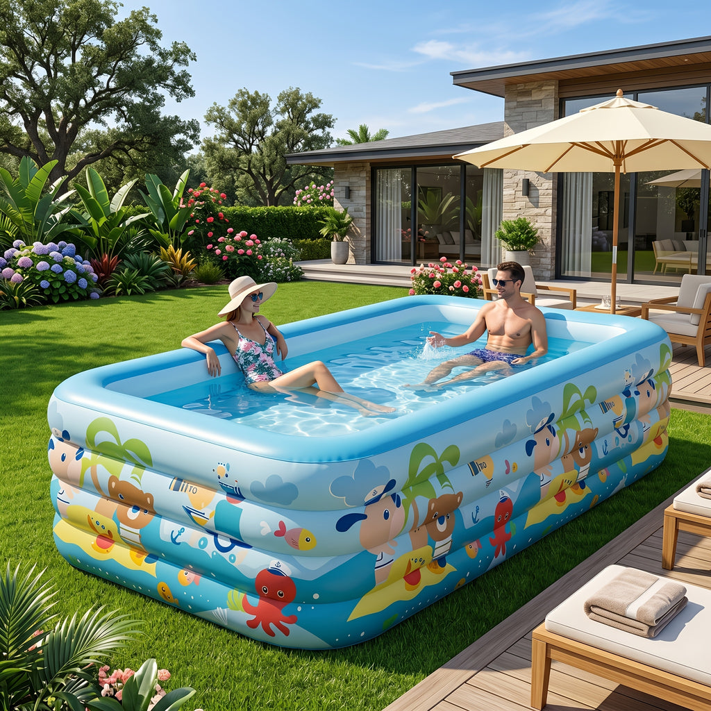 Extra Large Rectangular Inflatable Swimming Pool for Family, Thickened PVC Wear-Resistant Leak-Proof Backyard Pool for 1-6 People, Easy Setup Above Ground Pool for Garden Outdoor Summer Fun