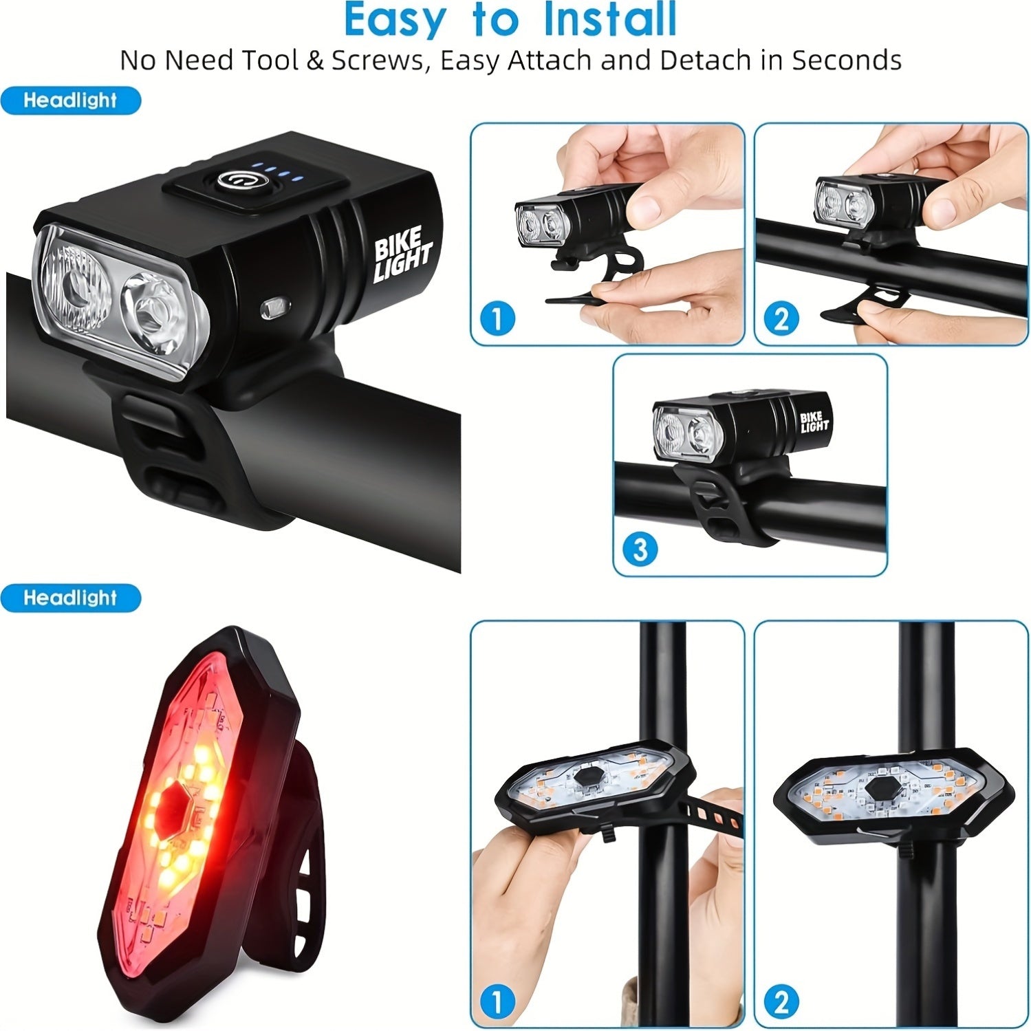Bike Lights Set USB Rechargeable Front & Rear LED Safety Light 3LED High Brightness 6+5 Modes – Night Cycling Bicycle Light for Road Mountain Bike