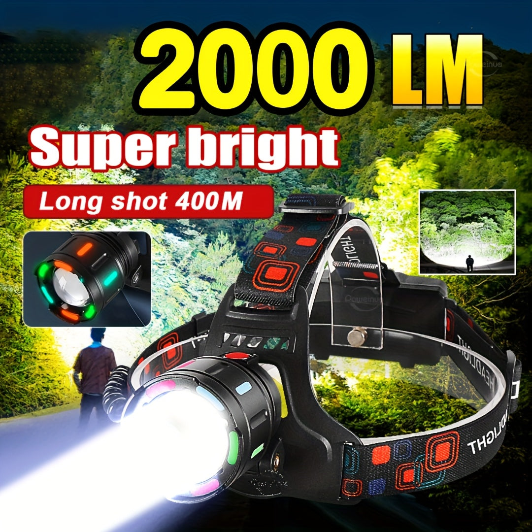 Rechargeable LED Headlamp with 4 Modes & 90° Tilt – Adjustable Focus Head Lamp with Warning Taillight for Camping, Hiking, Running, Repair Work & Emergency Use