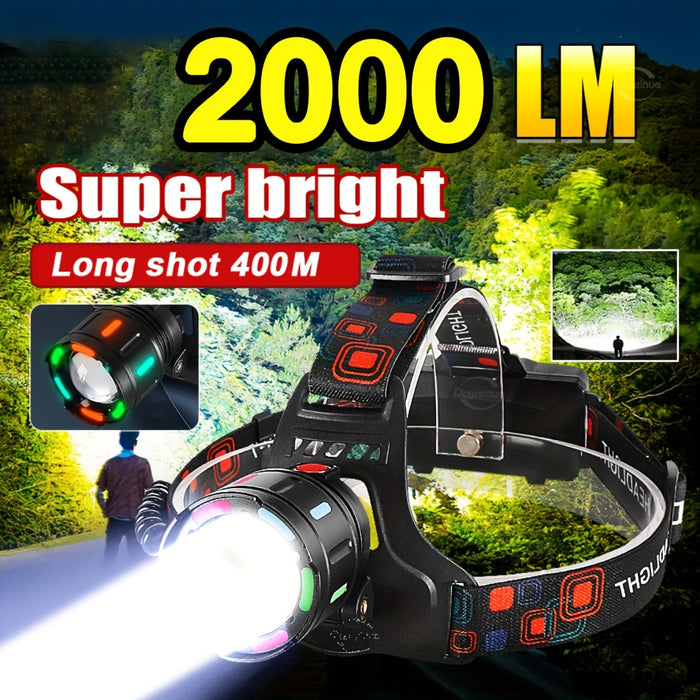 Rechargeable LED Headlamp with 4 Modes & 90° Tilt – Adjustable Focus Head Lamp with Warning Taillight for Camping, Hiking, Running, Repair Work & Emergency Use