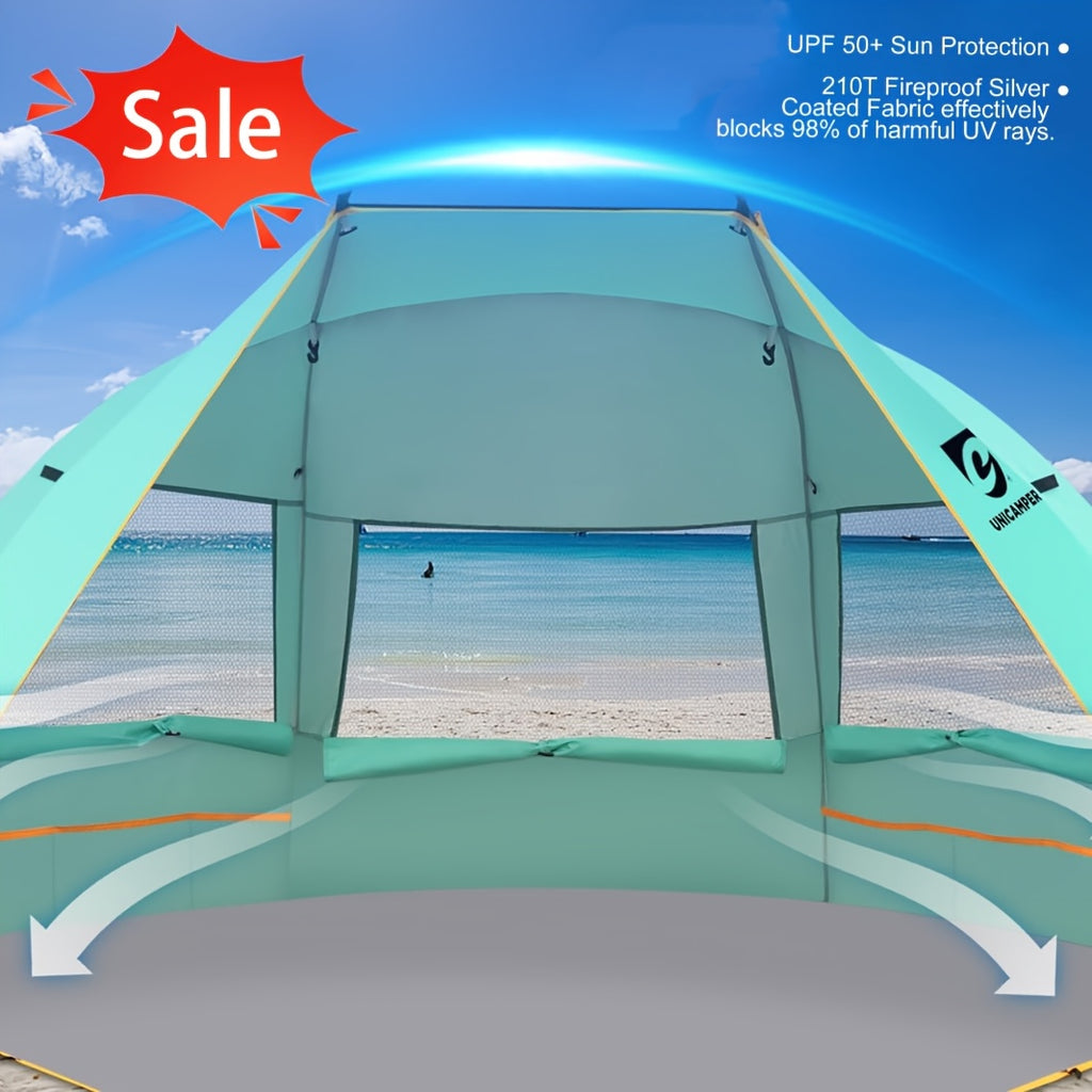 Beach Tent 3 Person UPF 50+ Sun Shelter with Waterproof PE Floor & Mesh Windows – Portable Pop Up Shade Canopy for Camping Fishing Yard
