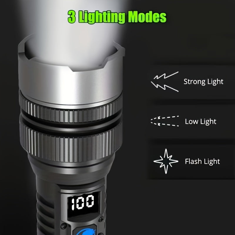 Rechargeable Tactical Flashlight High Lumens – Zoomable LED, LCD Display, USB Rechargeable, Waterproof, for Camping, Hiking, Fishing & Emergencies (1pc / 2pcs)